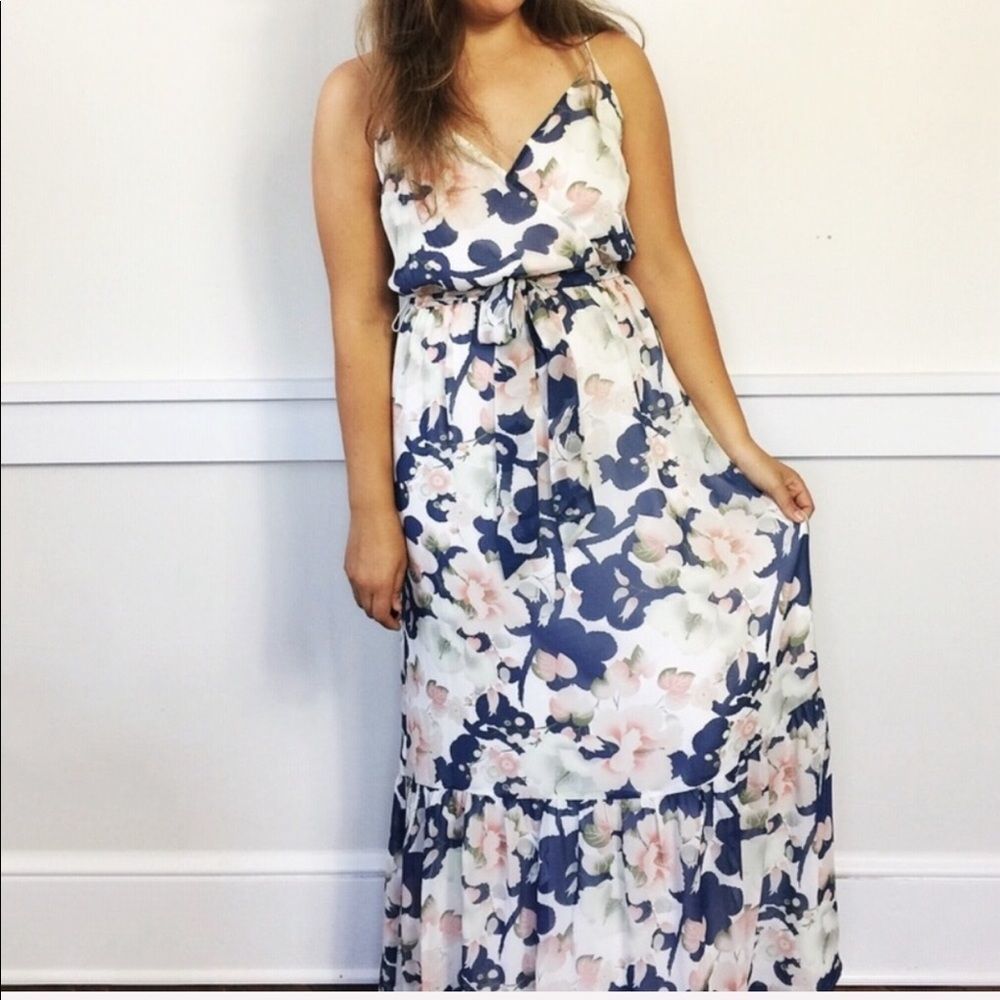 Loft | Blue Floral Ruffle Hem Drape Maxi Dress